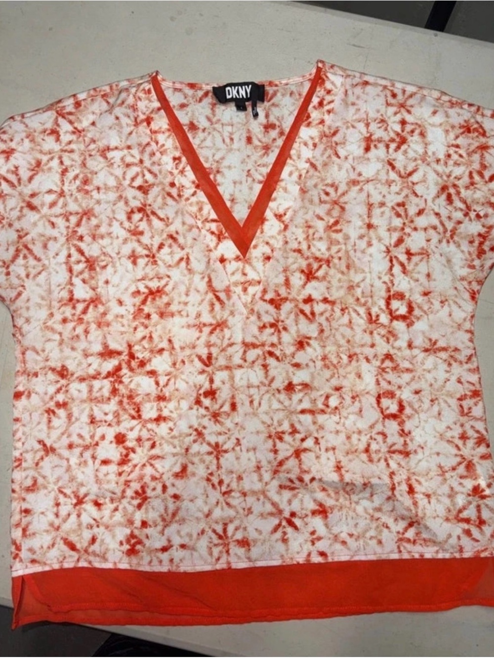 DKNY Orange and White Tie-Dye V-Neck Tunic Top